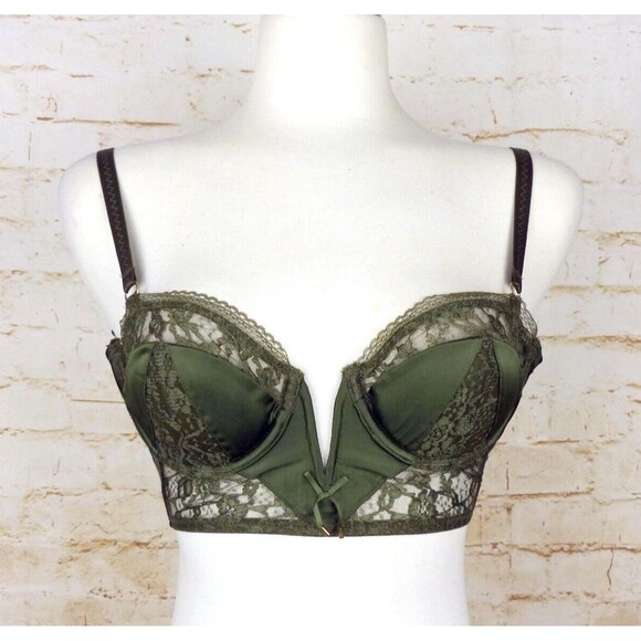 Victoria’s Secret Very Sexy Bustier Demi Bra 32C Olive Green Lace Satin Pin Up - Picture 2 of 14